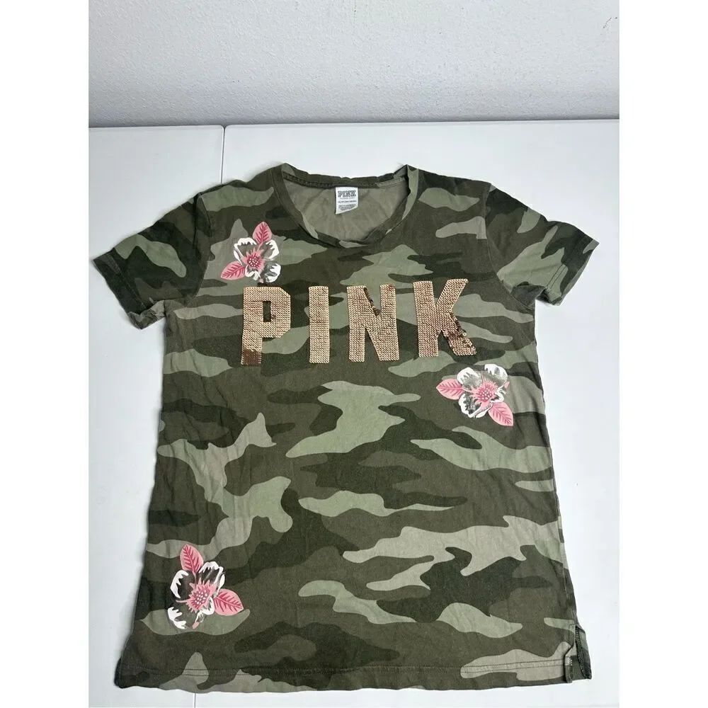 Victoria’a Secret PINK Retired Bling Rose Gold Camo Campus Tee XS